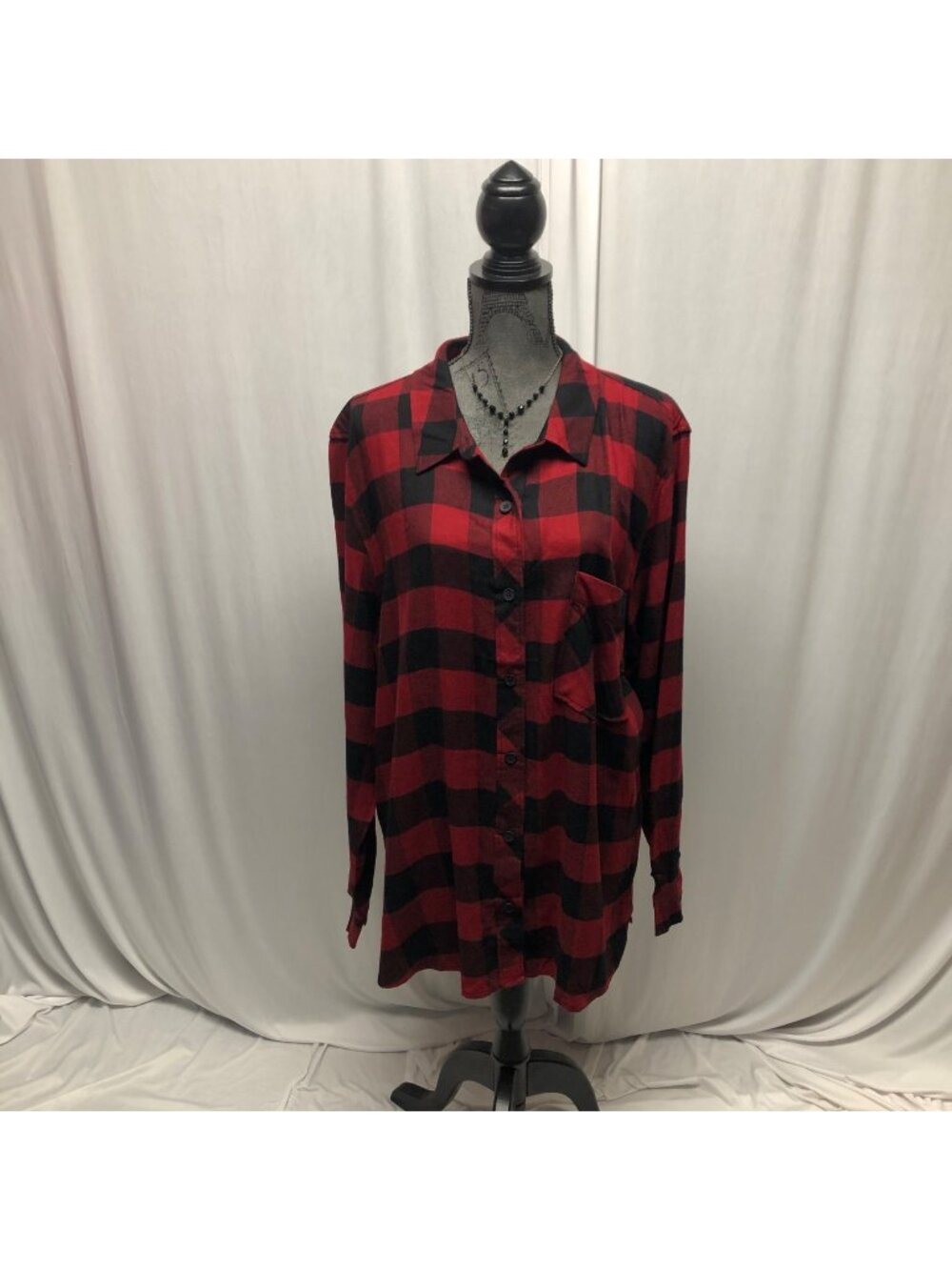 Becool Red Black Buffalo Plaid Button Up Long Shirt Womens Size 2XL Flannel NEW